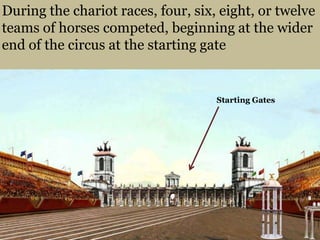 During the chariot races, four, six, eight, or twelve teams of horses competed, beginning at the wider end of the circus at the starting gateStarting Gates