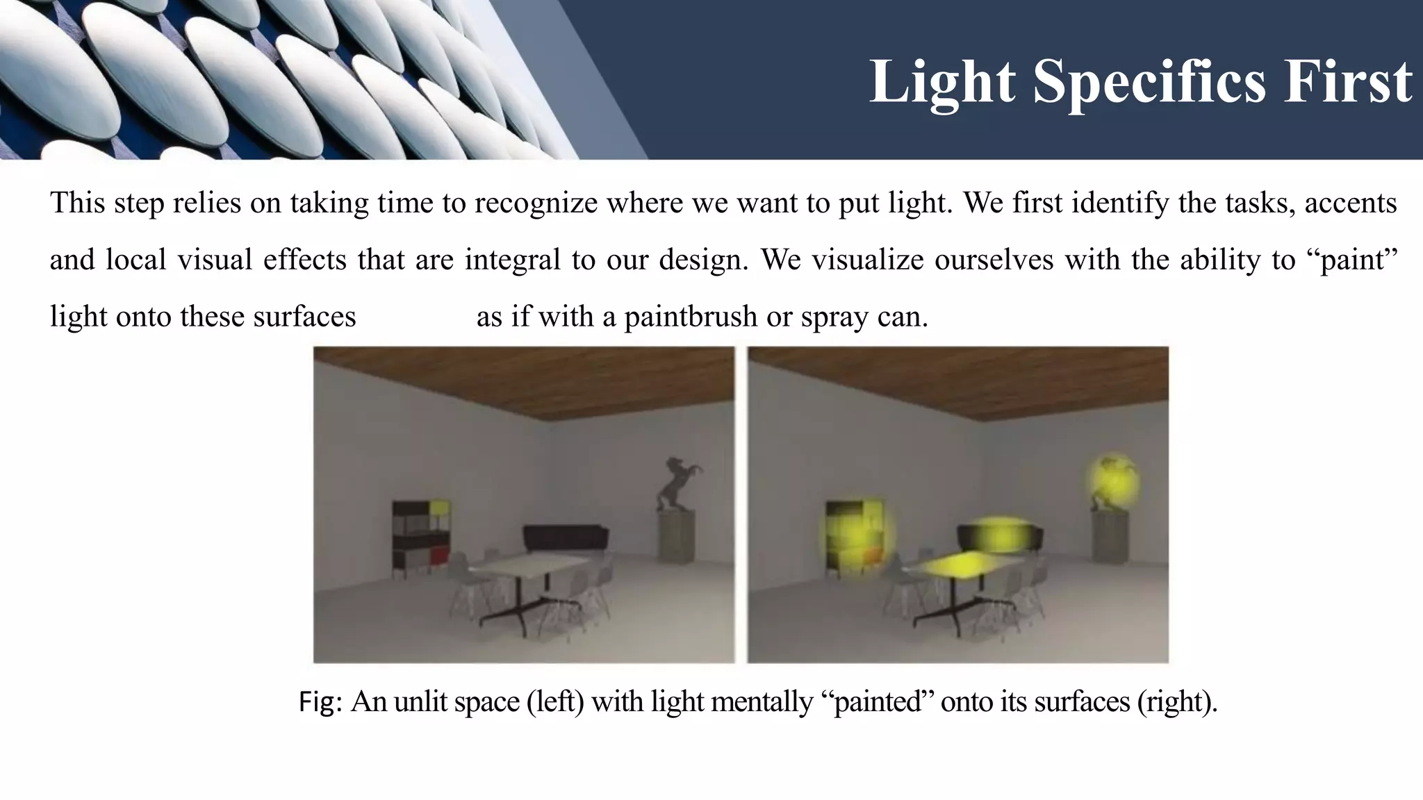 This step relies on taking time to recognize where we want to put light. We first identify the tasks, accents
and local visual effects that are integral to our design. We visualize ourselves with the ability to “paint”
light onto these surfaces as if with a paintbrush or spray can.
Fig: An unlit space (left) with light mentally “painted” onto its surfaces (right).
Light Specifics First
 