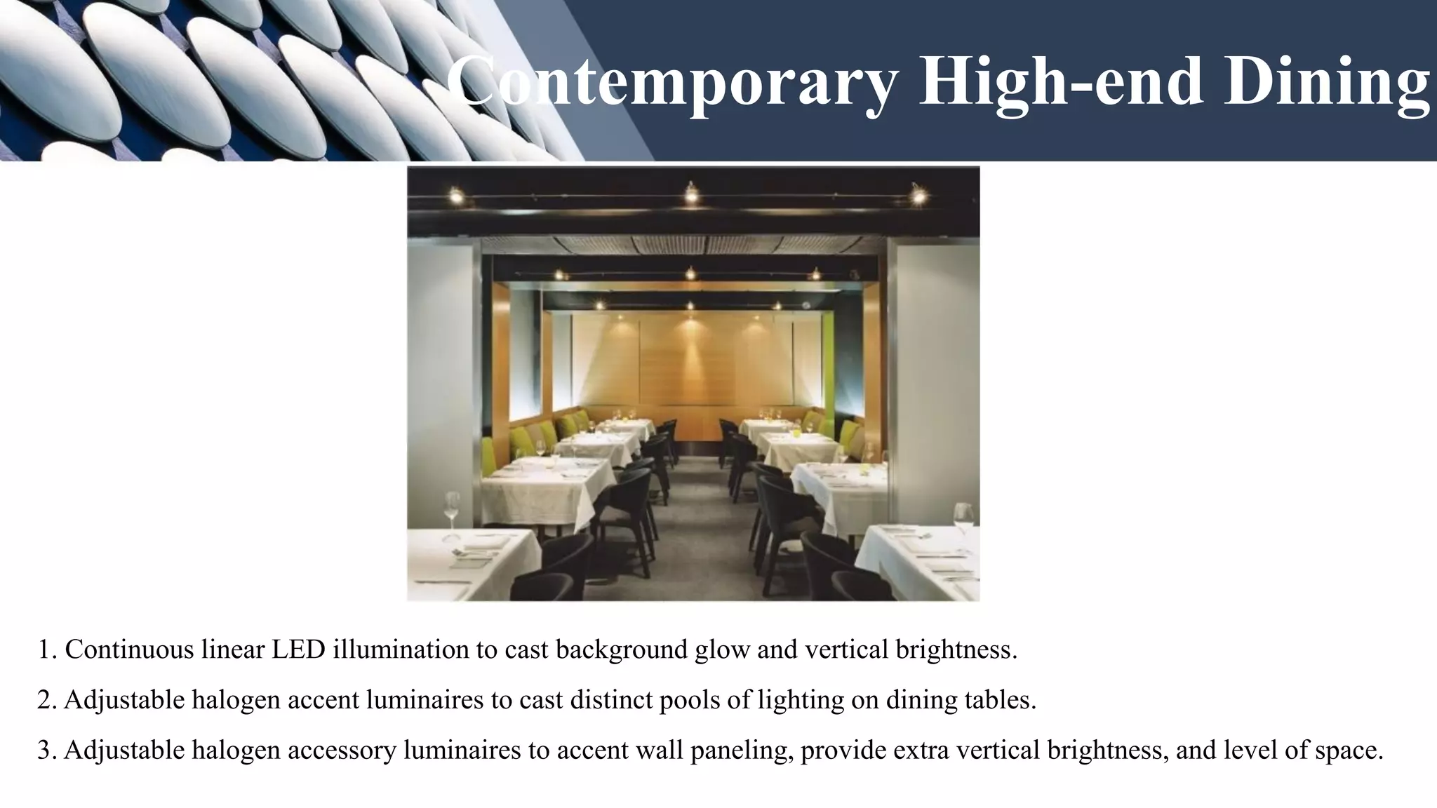 1. Continuous linear LED illumination to cast background glow and vertical brightness.
2. Adjustable halogen accent luminaires to cast distinct pools of lighting on dining tables.
3. Adjustable halogen accessory luminaires to accent wall paneling, provide extra vertical brightness, and level of space.
Contemporary High-end Dining
 