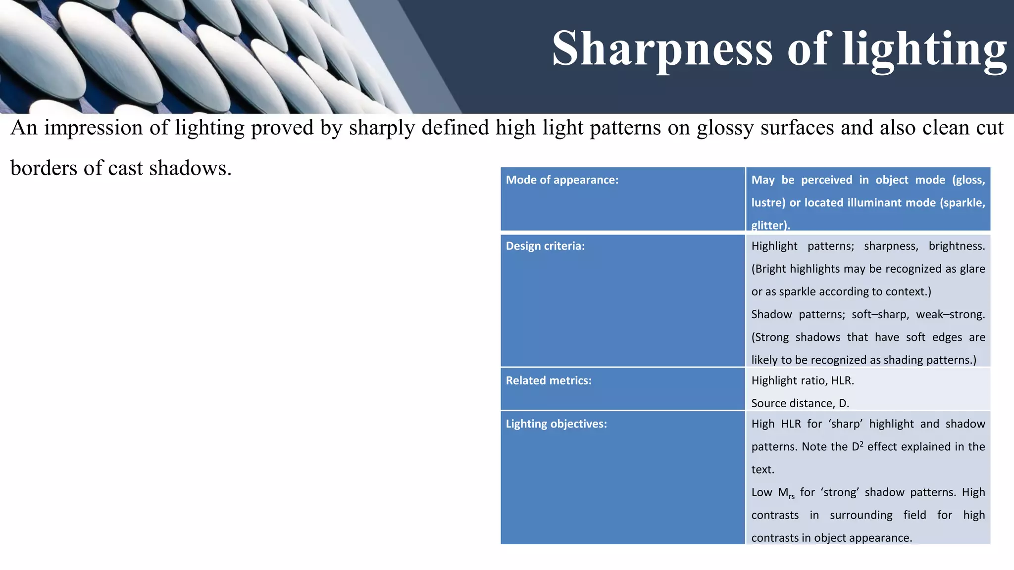 Mode of appearance: May be perceived in object mode (gloss,
lustre) or located illuminant mode (sparkle,
glitter).
Design criteria: Highlight patterns; sharpness, brightness.
(Bright highlights may be recognized as glare
or as sparkle according to context.)
Shadow patterns; soft–sharp, weak–strong.
(Strong shadows that have soft edges are
likely to be recognized as shading patterns.)
Related metrics: Highlight ratio, HLR.
Source distance, D.
Lighting objectives: High HLR for ‘sharp’ highlight and shadow
patterns. Note the D2 effect explained in the
text.
Low Mrs for ‘strong’ shadow patterns. High
contrasts in surrounding field for high
contrasts in object appearance.
An impression of lighting proved by sharply defined high light patterns on glossy surfaces and also clean cut
borders of cast shadows.
Sharpness of lighting
 
