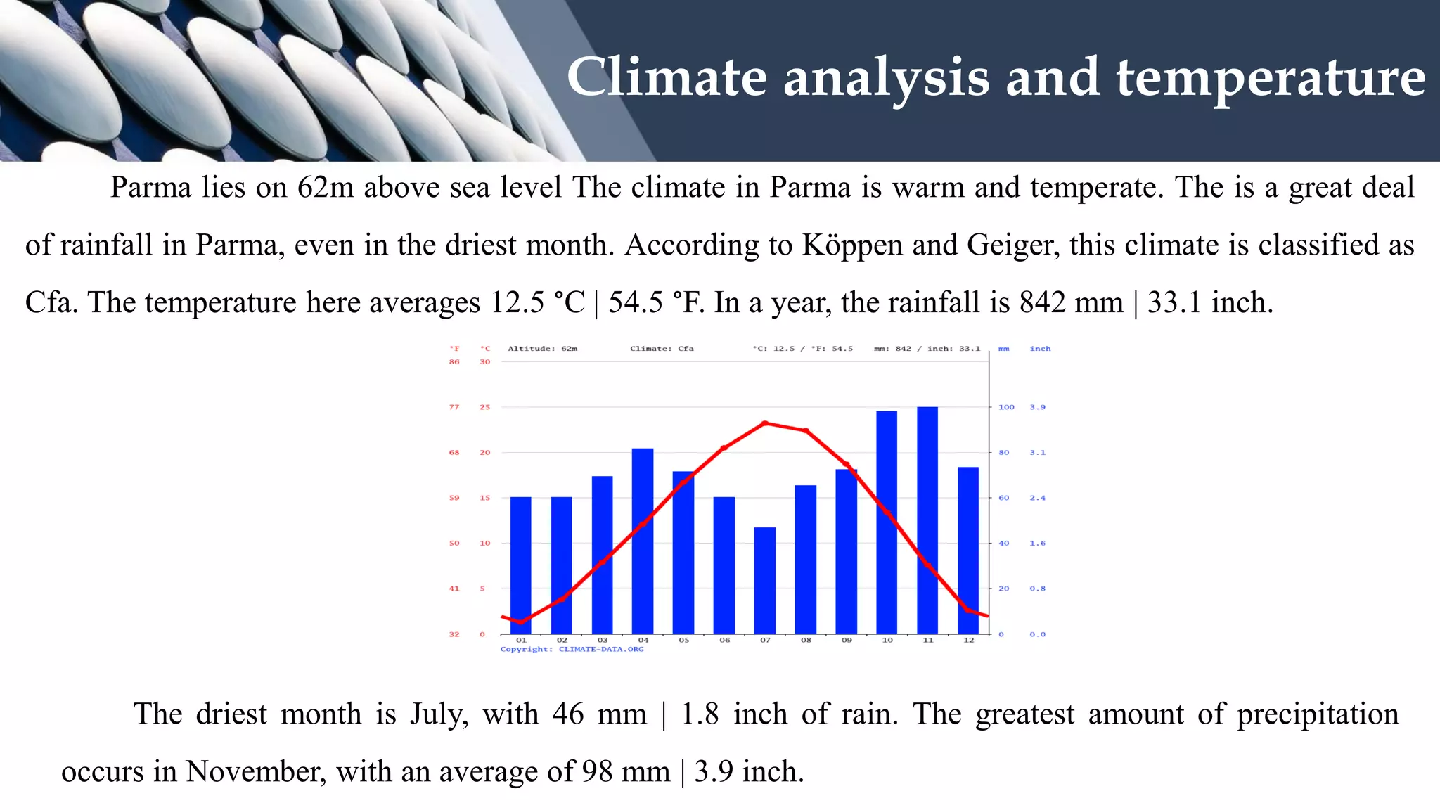 Climate analysis and temperature
Parma lies on 62m above sea level The climate in Parma is warm and temperate. The is a great deal
of rainfall in Parma, even in the driest month. According to Köppen and Geiger, this climate is classified as
Cfa. The temperature here averages 12.5 °C | 54.5 °F. In a year, the rainfall is 842 mm | 33.1 inch.
The driest month is July, with 46 mm | 1.8 inch of rain. The greatest amount of precipitation
occurs in November, with an average of 98 mm | 3.9 inch.
 