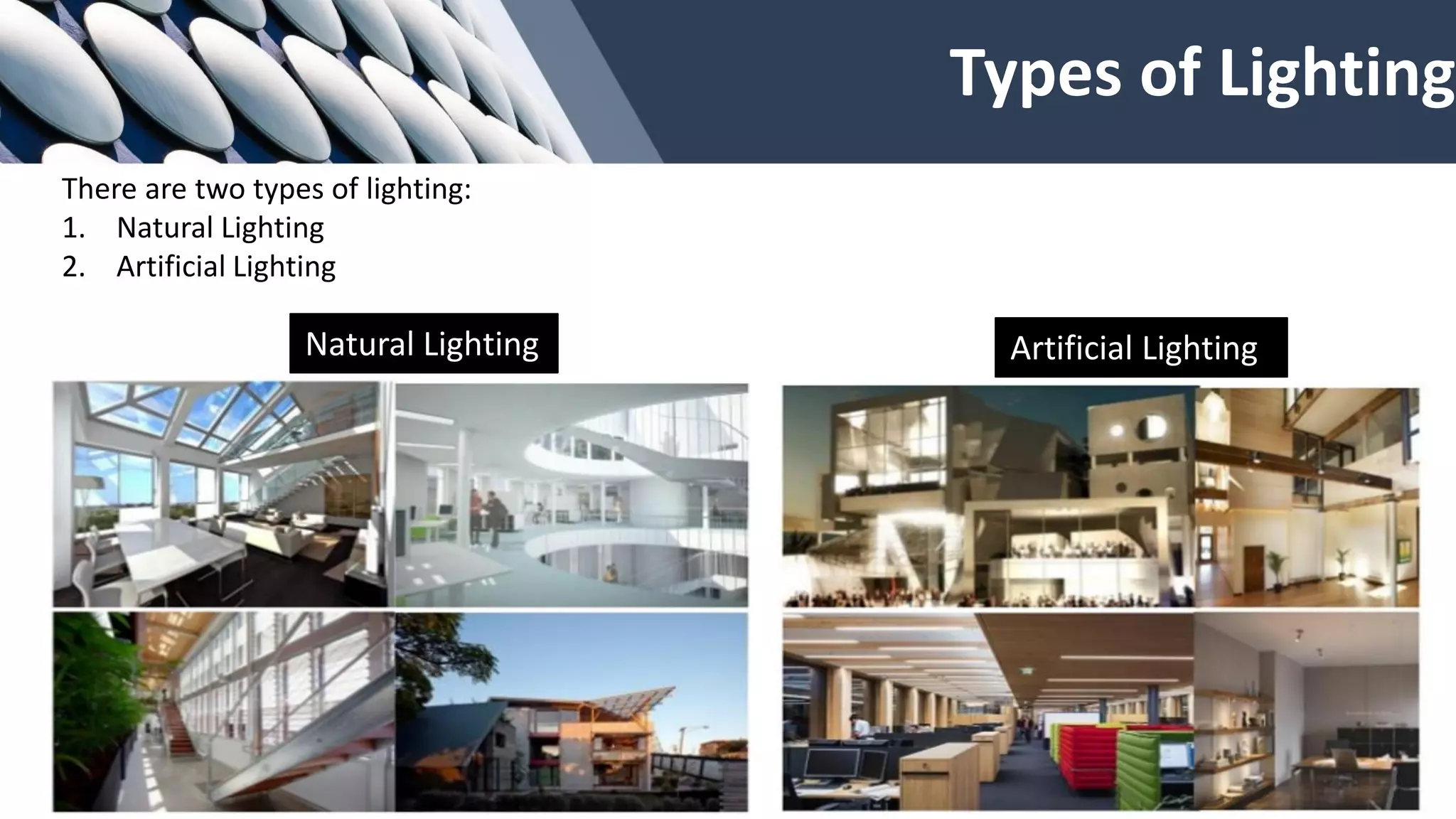 Types of Lighting
There are two types of lighting:
1. Natural Lighting
2. Artificial Lighting
Natural Lighting Artificial Lighting
 