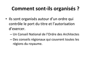 Comment sont-ils organisés ? Ils sont organisés autour d’un ordre qui contrôle le port du titre et l’autorisation d’exercer. Un Conseil National de l’Ordre des Architectes Des conseils régionaux qui couvrent toutes les régions du royaume.  