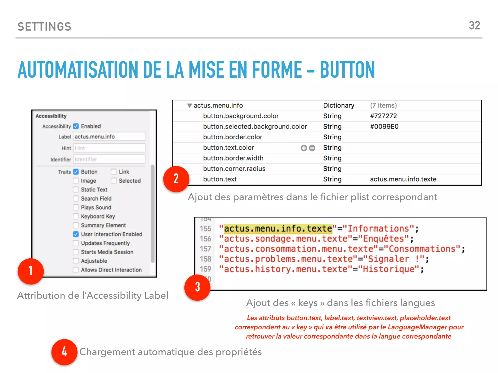 SETTINGS
AUTOMATISATION DE LA MISE EN FORME - BUTTON
32
Attribution de l’Accessibility Label 
Ajout des paramètres dans le ﬁchier plist correspondant
Ajout des « keys » dans les ﬁchiers langues
Les attributs button.text, label.text, textview.text, placeholder.text
correspondent au « key » qui va être utilisé par le LanguageManager pour
retrouver la valeur correspondante dans la langue correspondante 
Chargement automatique des propriétés
1
2
3
4
 