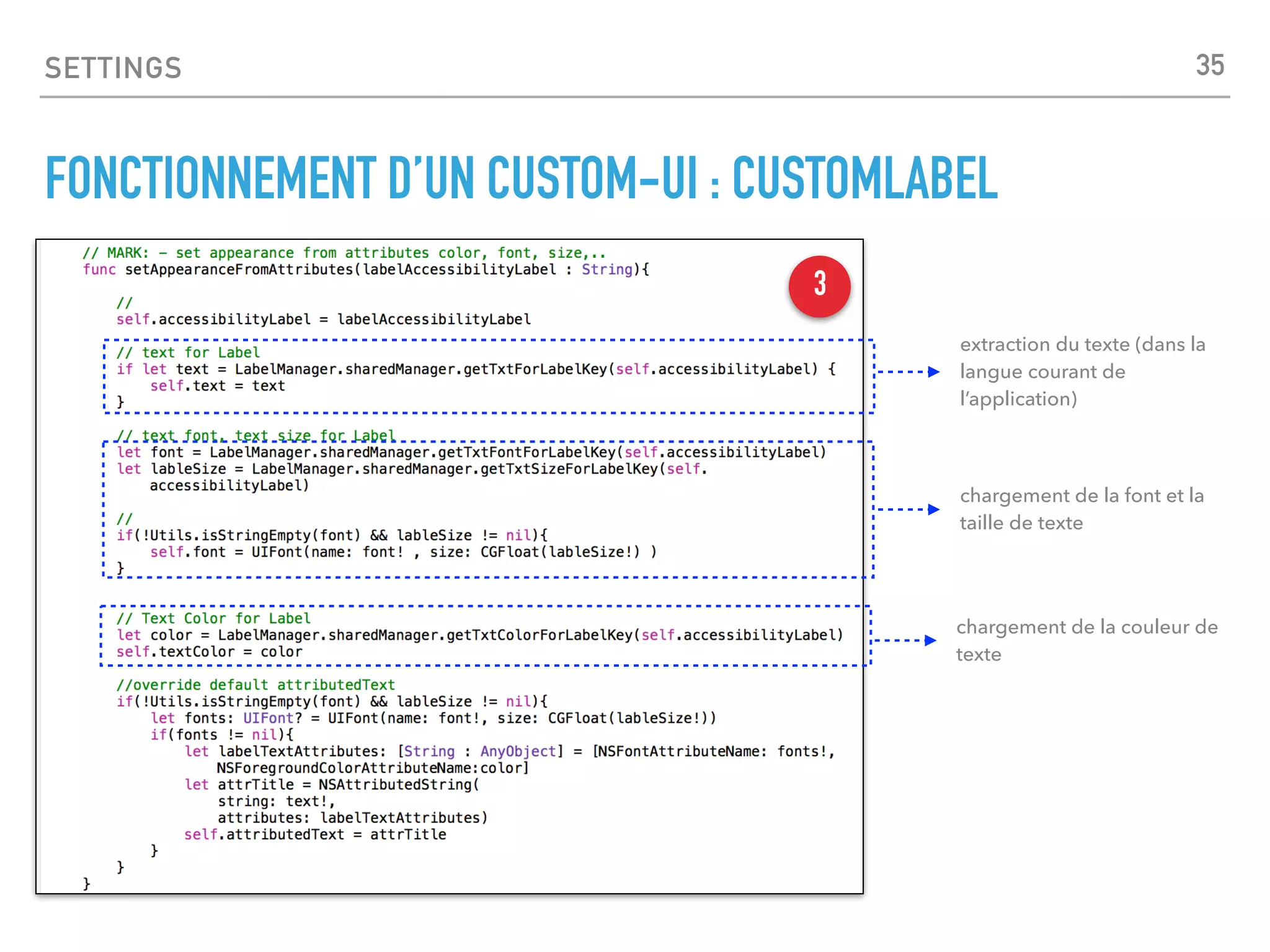 SETTINGS
FONCTIONNEMENT D’UN CUSTOM-UI : CUSTOMLABEL
3
extraction du texte (dans la
langue courant de
l’application)
chargement de la font et la
taille de texte
chargement de la couleur de
texte
35
 