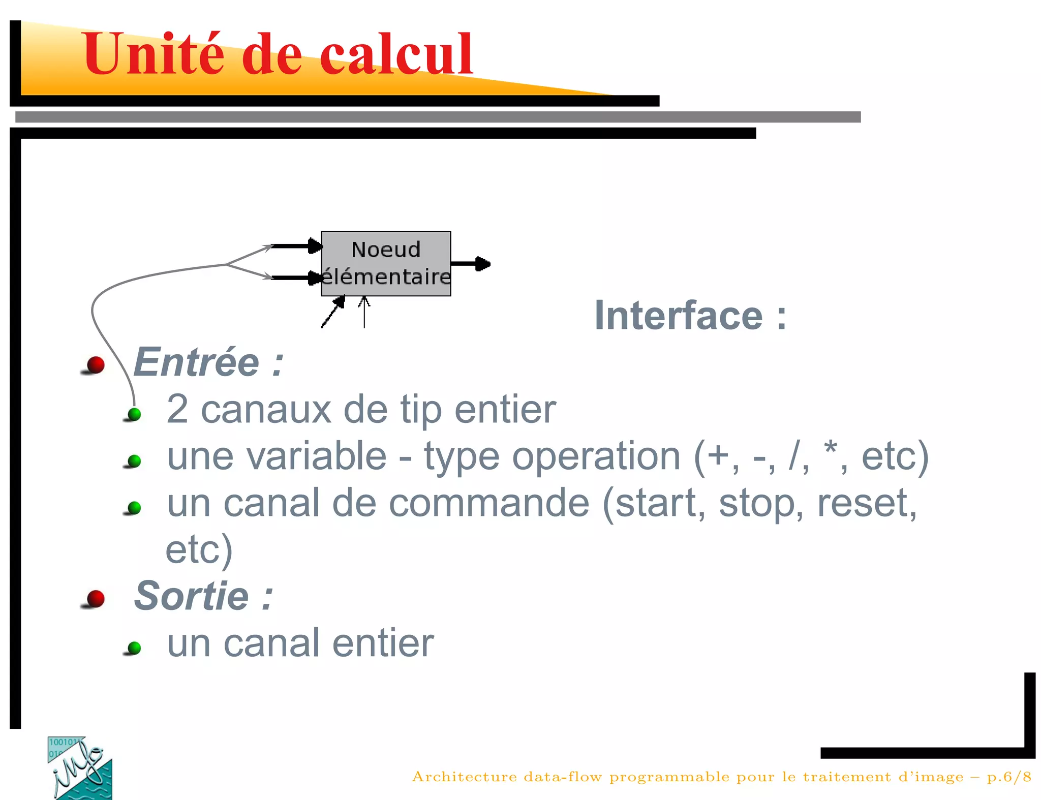 Unité de calcul



                                     Interface :
 Entrée :
  2 canaux de tip entier
  une variable - type operation (+, -, /, *, etc)
  un canal de commande (start, stop, reset,
  etc)
 Sortie :
  un canal entier


                 Architecture data-flow programmable pour le traitement d’image – p.6/8
 