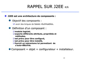 19
RAPPEL SUR J2EE
RAPPEL SUR J2EE 4/6
4/6
J2EE est une architecture de composants :
J2EE est une architecture de composants :
Objectif des composants :
Objectif des composants :
 avoir des briques de bases réutilisables.
Définition d’un composant :
Définition d’un composant :
 module logiciel,
module logiciel,
 exporte différents attributs, propriétés et
exporte différents attributs, propriétés et
méthodes,
méthodes,
 est prévu pour être configuré,
est prévu pour être configuré,
 est prévu pour être installé,
est prévu pour être installé,
 fournit un mécanisme lui permettant de
fournit un mécanisme lui permettant de
s’auto
s’auto-décrire.
-décrire.
Composant = objet + configurateur + installateur.
Composant = objet + configurateur + installateur.
 