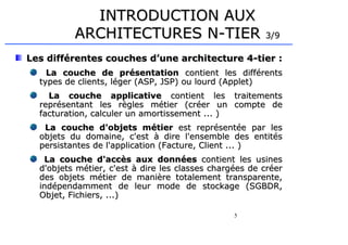 5
INTRODUCTION AUX
INTRODUCTION AUX
ARCHITECTURES N-TIER
ARCHITECTURES N-TIER 3/9
3/9
Les différentes couches d’une architecture 4-tier :
Les différentes couches d’une architecture 4-tier :
La couche de présentation
La couche de présentation contient les différents
contient les différents
types de clients, léger (ASP, JSP) ou lourd (Applet)
types de clients, léger (ASP, JSP) ou lourd (Applet)
La couche applicative
La couche applicative contient les traitements
contient les traitements
représentant les règles métier (créer un compte de
représentant les règles métier (créer un compte de
facturation, calculer un amortissement ... )
facturation, calculer un amortissement ... )
La couche d'objets métier
La couche d'objets métier est représentée par les
est représentée par les
objets du domaine, c'est à dire l'ensemble des entités
objets du domaine, c'est à dire l'ensemble des entités
persistantes de l'application (Facture, Client ... )
persistantes de l'application (Facture, Client ... )
La couche d'accès aux données
La couche d'accès aux données contient les usines
contient les usines
d'objets métier, c'est à dire les classes chargées de créer
d'objets métier, c'est à dire les classes chargées de créer
des objets métier de manière totalement transparente,
des objets métier de manière totalement transparente,
indépendamment de leur mode de stockage (SGBDR,
indépendamment de leur mode de stockage (SGBDR,
Objet, Fichiers, ...)
Objet, Fichiers, ...)
 