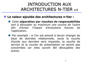 6
INTRODUCTION AUX
INTRODUCTION AUX
ARCHITECTURES N-TIER
ARCHITECTURES N-TIER 4/9
4/9
La valeur ajoutée des architectures n-tier :
La valeur ajoutée des architectures n-tier :
Cette séparation par couches de responsabilités
sert à découpler au maximum une couche de l'autre
afin d'éviter l'impact d'évolutions futures de
l'application.
Par exemple : si l’on est amené à devoir changer de
base de données relationnelle, seule la couche
d'accès aux données sera impactée, la couche de
service et la couche de présentation ne seront pas
concernées car elles auront été découplées des
autres.
 