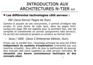 8
 Les différentes technologies côté serveur :
Les différentes technologies côté serveur :
– JSP (Java Server Pages de Sun)
Comme la plupart de ses concurrents, il permet d'intégrer des
scripts, ici sous forme de code Java, dans les pages html.
Lorsqu'une page JSP est appelée pour la première fois, elle est
compilée et transformée en servlet (programme côté serveur).
Ce servlet est exécuté et produit un contenu au format html.
– Java / J2EE (Java 2 Enterprise Edition, Sun)
Promu par la société Sun, l’avantage principal de java est d'être
indépendant du système d'exploitation (interprété par une
machine virtuelle). Java offre de plus la particularité de pouvoir
être exécuté côté client (applets) ou côté serveur (servlets). Il
nécessite une bonne connaissance technique et des
concepts objet.
INTRODUCTION AUX
INTRODUCTION AUX
ARCHITECTURES N-TIER
ARCHITECTURES N-TIER 6/9
6/9
 