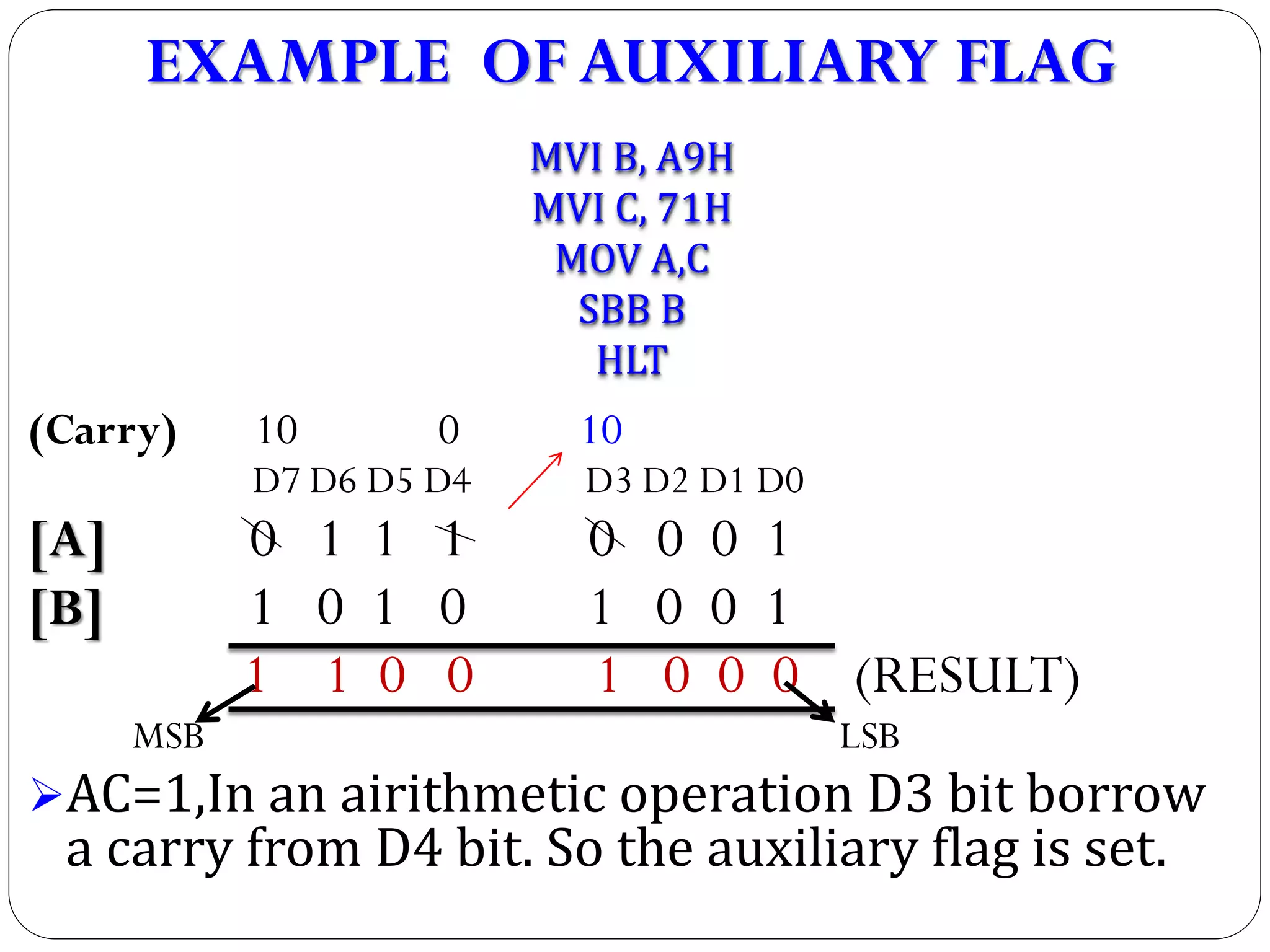(Carry) 10 0 10
D7 D6 D5 D4 D3 D2 D1 D0
[A] 0 1 1 1 0 0 0 1
[B] 1 0 1 0 1 0 0 1
1 1 0 0 1 0 0 0 (RESULT)
MSB LSB
AC=1,In an airithmetic operation D3 bit borrow
a carry from D4 bit. So the auxiliary flag is set.
EXAMPLE OF AUXILIARY FLAG
MVI B, A9H
MVI C, 71H
MOV A,C
SBB B
HLT
 