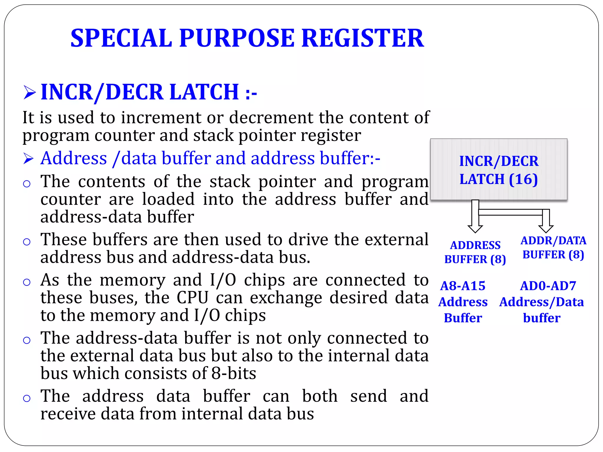 INCR/DECR LATCH :-
It is used to increment or decrement the content of
program counter and stack pointer register
 Address /data buffer and address buffer:-
o The contents of the stack pointer and program
counter are loaded into the address buffer and
address-data buffer
o These buffers are then used to drive the external
address bus and address-data bus.
o As the memory and I/O chips are connected to
these buses, the CPU can exchange desired data
to the memory and I/O chips
o The address-data buffer is not only connected to
the external data bus but also to the internal data
bus which consists of 8-bits
o The address data buffer can both send and
receive data from internal data bus
INCR/DECR
LATCH (16)
ADDR/DATA
BUFFER (8)
ADDRESS
BUFFER (8)
A8-A15
Address
Buffer
AD0-AD7
Address/Data
buffer
SPECIAL PURPOSE REGISTER
 