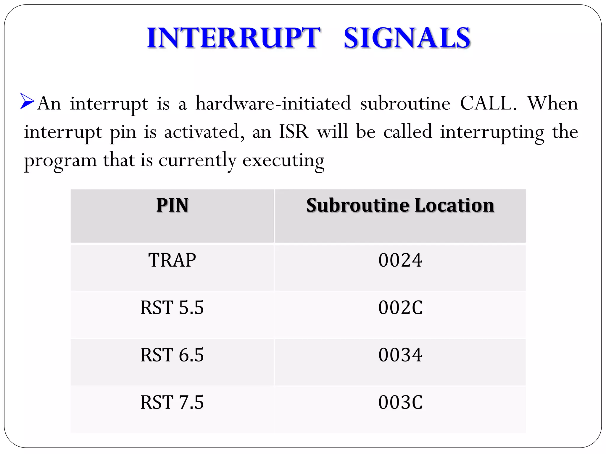 An interrupt is a hardware-initiated subroutine CALL. When
interrupt pin is activated, an ISR will be called interrupting the
program that is currently executing
INTERRUPT SIGNALS
PIN Subroutine Location
TRAP 0024
RST 5.5 002C
RST 6.5 0034
RST 7.5 003C
 