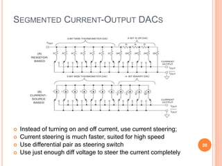 SEGMENTED CURRENT-OUTPUT DACS
 Instead of turning on and off current, use current steering;
 Current steering is much fa...