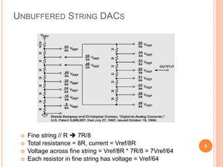 UNBUFFERED STRING DACS
 Fine string // R  7R/8
 Total resistance = 8R, current = Vref/8R
 Voltage across fine string =...