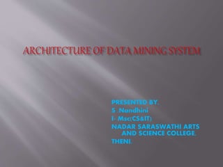 PRESENTED BY,
S .Nandhini
I- Msc(CS&IT)
NADAR SARASWATHI ARTS
AND SCIENCE COLLEGE,
THENI.
 