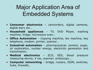 Major Application Area of
Embedded Systems
• Consumer electronics – camcorders, digital cameras,
digital diary etc…
• Household appliances – TV, DVD Player, washing
machine, fridge, microwave oven…
• Office Automation – Copying machine, fax machine, key
telephone, modem, printer, scanner…
• Industrial automation – pharmaceutical, cement, sugar,
oil exploration, nuclear energy, electricity generation and
transmission.
• Medical electronics – ECG, EEG, blood pressure
measuring device, X ray, scanner, endoscopy….
• Computer networking – bridge, routers, ISDN, switches,
hubs, firewalls…
 