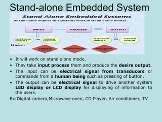 Stand-alone Embedded System
• It will work on stand alone mode.
• They take input process them and produce the desire output.
• The input can be electrical signal from transducers or
commands from a human being such as pressing of button.
• The output can be electrical signal to drive another system
LED display or LCD display for displaying of information to
the users.
Ex:Digital camera,Microwave oven, CD Player, Air conditioner, TV
 