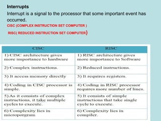 Interrupts
Interrupt is a signal to the processor that some important event has
occurred.
CISC (COMPLEX INSTRUCTION SET COMPUTER )
RISC( REDUCED INSTRUCTION SET COMPUTER)
 