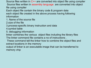 Source files written in C++ are converted into object file using compiler
Source files written in assembly language are converted into object
file using compiler
Each object file contain the binary code & program data
each object file created in the above process having following
information
1. Name of the source file
2.size of the file
3.process-specific binary instruction and data
4.symbol table
5. debugging information
linker combines the various object files including the library files
The linker command file contains a no of instructions .
These command tell the linker how to combine the object files and
extract locations in the memory
output of linker is an executable image that can be transferred to
memory chip
 