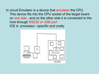 In circuit Emulator is a device that emulates the CPU.
This device fits into the CPU socket of the target board
on one side , and on the other side it is connected to the
host through RS232 or USB port
ICE is processor –specific and costly
 