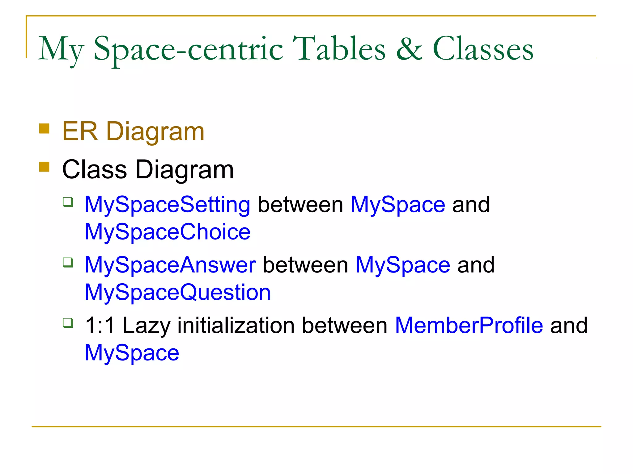 My Space-centric Tables & Classes



ER Diagram
Class Diagram






MySpaceSetting between MySpace and
MySpaceChoice
MySpaceAnswer between MySpace and
MySpaceQuestion
1:1 Lazy initialization between MemberProfile and
MySpace

 