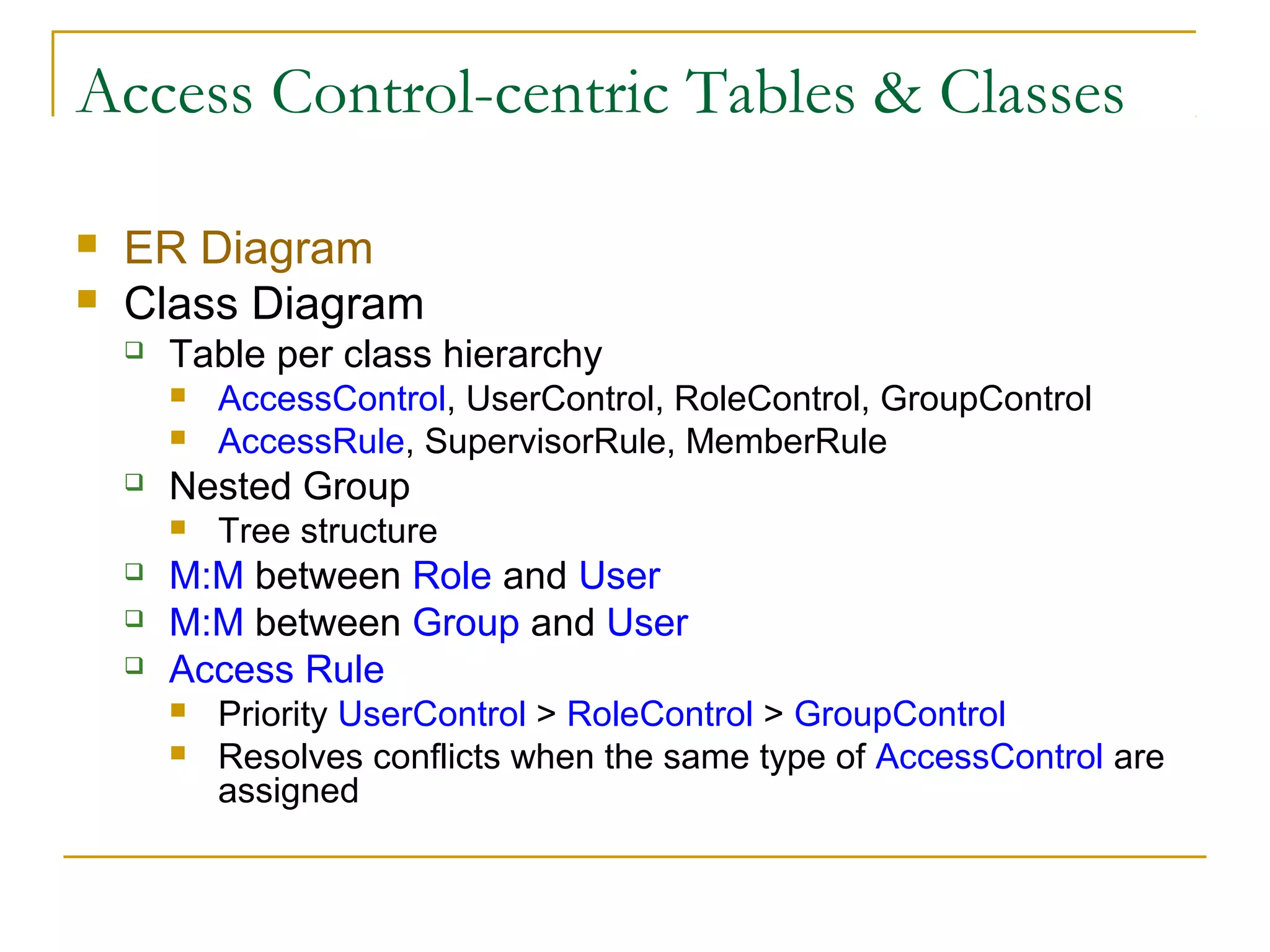 Access Control-centric Tables & Classes



ER Diagram
Class Diagram


Table per class hierarchy





Nested Group






AccessControl, UserControl, RoleControl, GroupControl
AccessRule, SupervisorRule, MemberRule
Tree structure

M:M between Role and User
M:M between Group and User
Access Rule



Priority UserControl > RoleControl > GroupControl
Resolves conflicts when the same type of AccessControl are
assigned

 