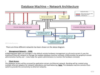 Database Machine – Network Architecture
• Management Network – ILOM:
ILOM(Integrated lights out manager) is the default remote hardware management on all oracle servers It uses the
traditional Ethernet network to manage the exadata database machine remotely. ILOM provides the graphical remote
administration facility and it also helps the system administrators to monitor the hardware remotely.
• Client Access:
The database servers will be accessed by application servers via Ethernet network. Bonding will be created using
multiple ethernet adapters for network redundancy and load balancing. Note: This database machine consists Cisco
switch to provide the connectivity to ethernet networks.
There are three different networks has been shown on the above diagram.
4/10
 