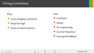gayle in/gaylemcdgayleGayle Laakmann McDowell 11
HiringCommittee
Cons
 Overhead
 Delays
 Un-empowering
 Can feel “black box”
 Need good feedback
Pros
 Cross-company consistency
 Keeps barhigh
 Easierto improveprocess
 
