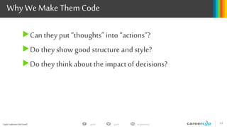 Gayle Laakmann McDowell 33gayle in/gaylemcdgayle
Why We Make Them Code
Can theyput“thoughts”into “actions”?
Do they show good structure and style?
Do they thinkabout theimpact of decisions?
 