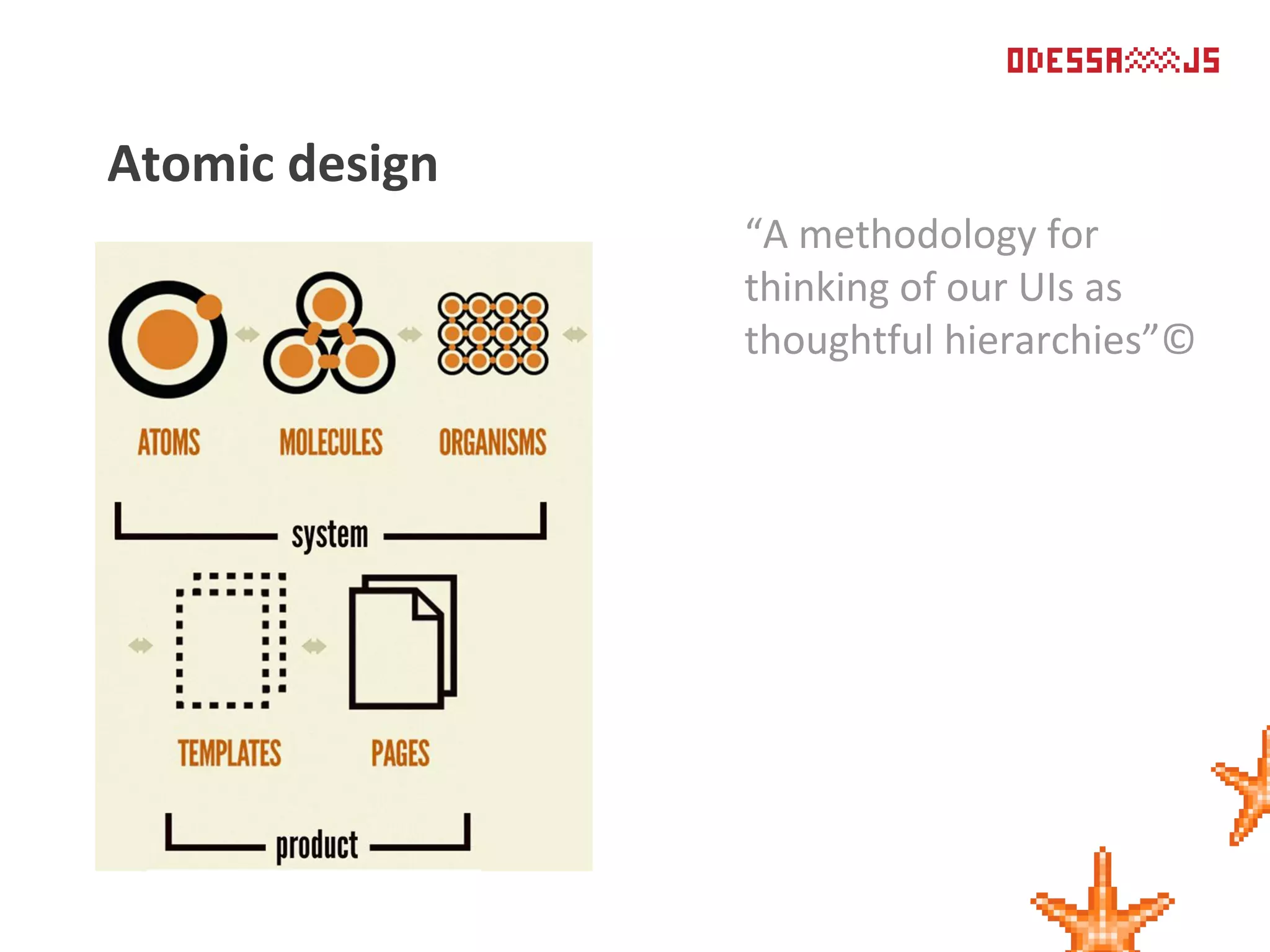 Atomic design
“A methodology for
thinking of our UIs as
thoughtful hierarchies”©
 