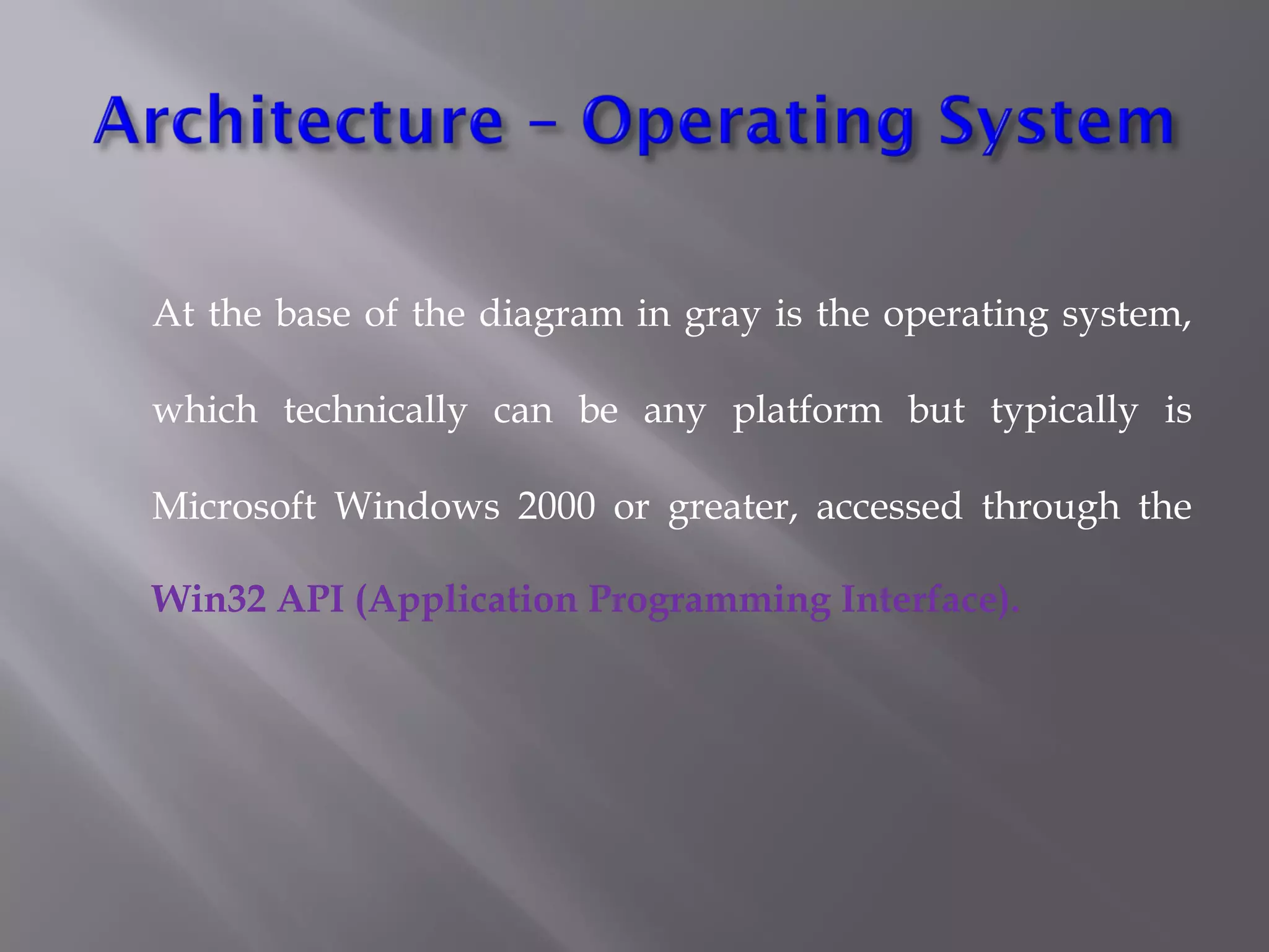 At the base of the diagram in gray is the operating system,
which technically can be any platform but typically is
Microsoft Windows 2000 or greater, accessed through the
Win32 API (Application Programming Interface).
 