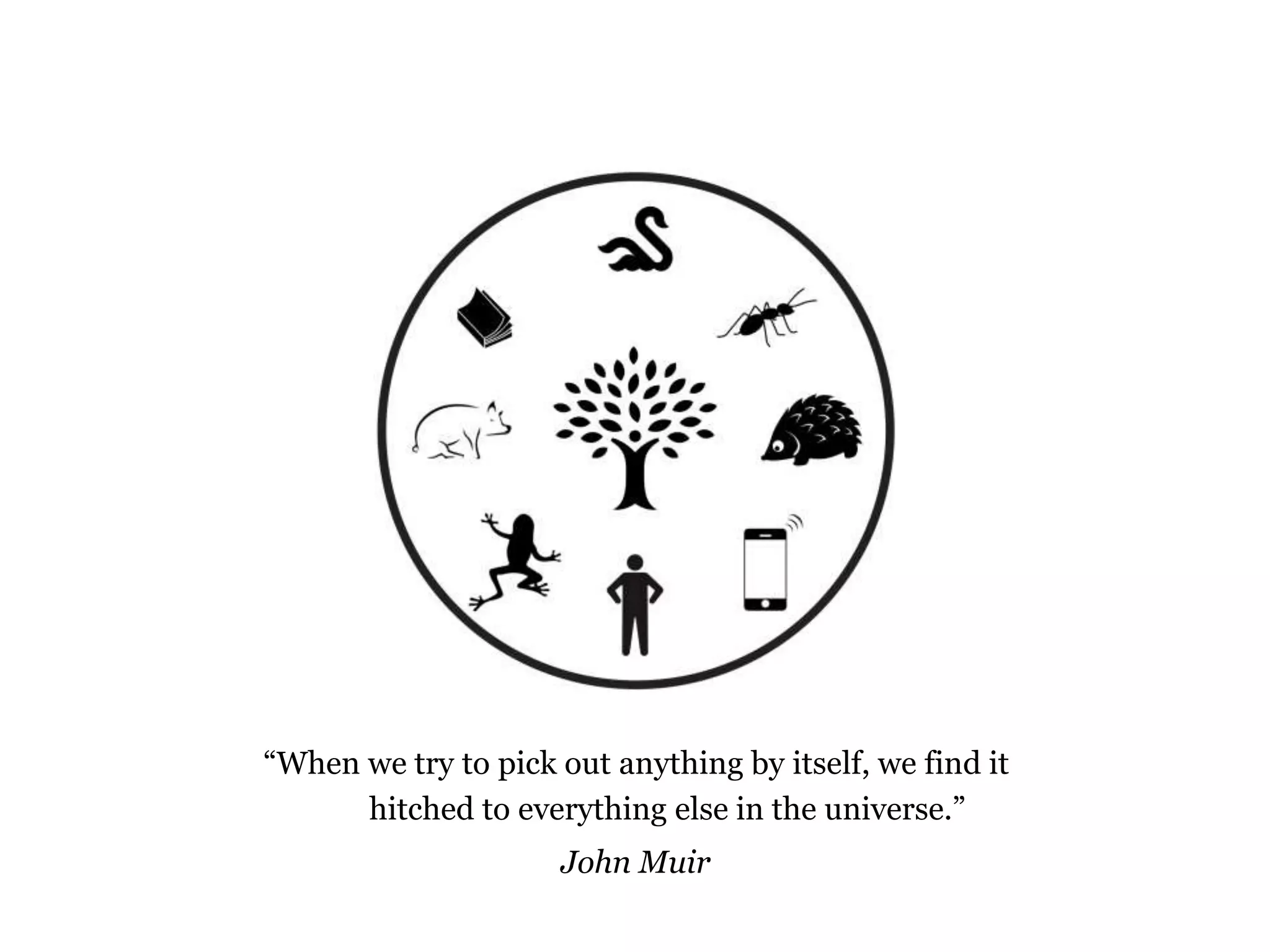 “When we try to pick out anything by itself, we find it 
hitched to everything else in the universe.” 
John Muir 
 