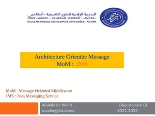 Abdellaziz Walid Département GI
a.walid@uiz.ac.ma 2022-2023
MoM : Message Oriented Middleware
JMS : Java Messaging Service
Architecture Orientée Message
MoM : JMS
 