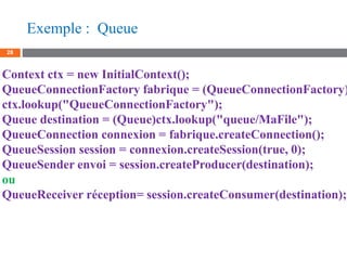 Exemple : Queue
28
Context ctx = new InitialContext();
QueueConnectionFactory fabrique = (QueueConnectionFactory)
ctx.look...
