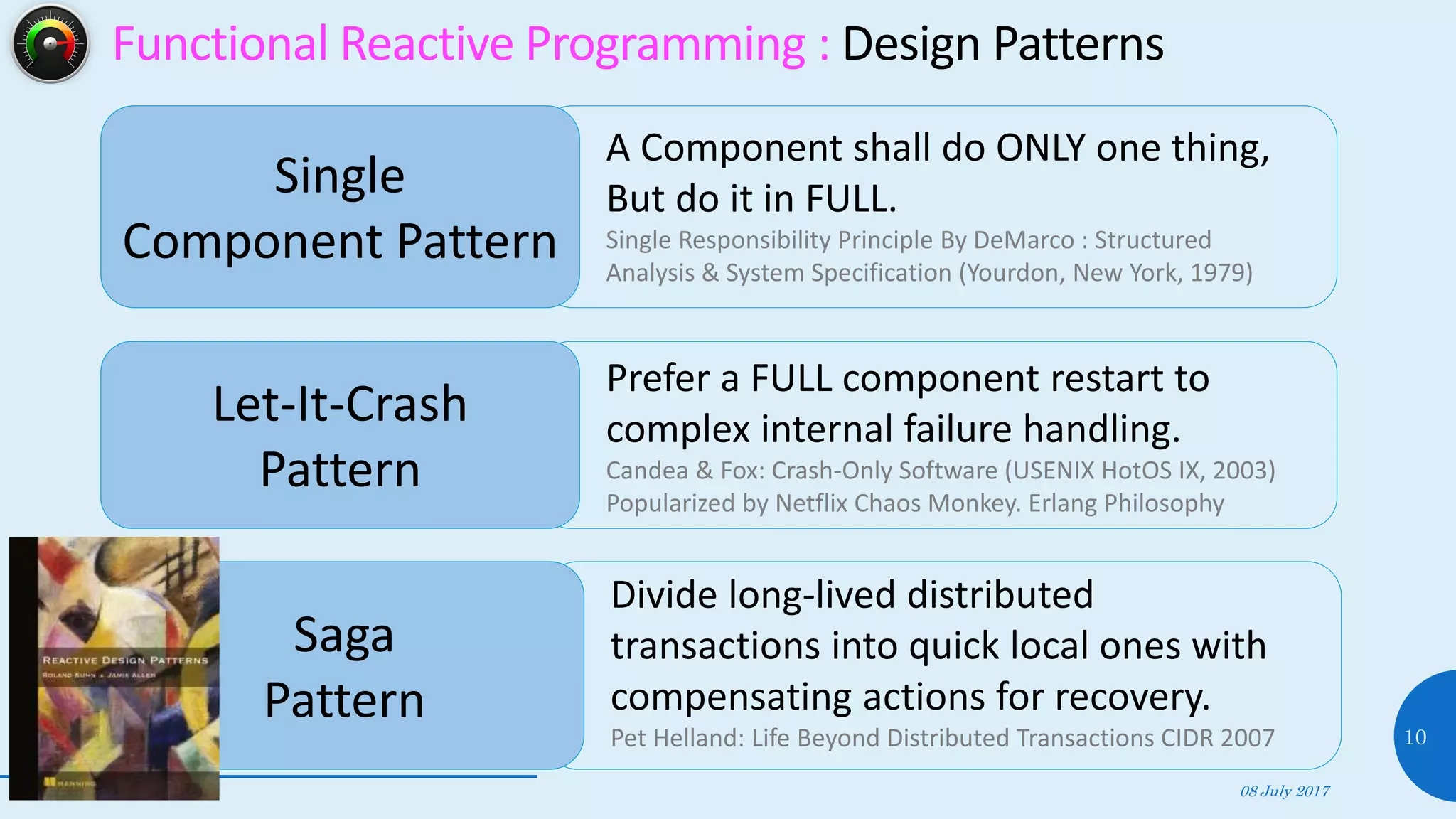 08 July 2017
10
Functional Reactive Programming : Design Patterns
Single
Component Pattern
A Component shall do ONLY one thing,
But do it in FULL.
Single Responsibility Principle By DeMarco : Structured
Analysis & System Specification (Yourdon, New York, 1979)
Let-It-Crash
Pattern
Prefer a FULL component restart to
complex internal failure handling.
Candea & Fox: Crash-Only Software (USENIX HotOS IX, 2003)
Popularized by Netflix Chaos Monkey. Erlang Philosophy
Saga
Pattern
Divide long-lived distributed
transactions into quick local ones with
compensating actions for recovery.
Pet Helland: Life Beyond Distributed Transactions CIDR 2007
 
