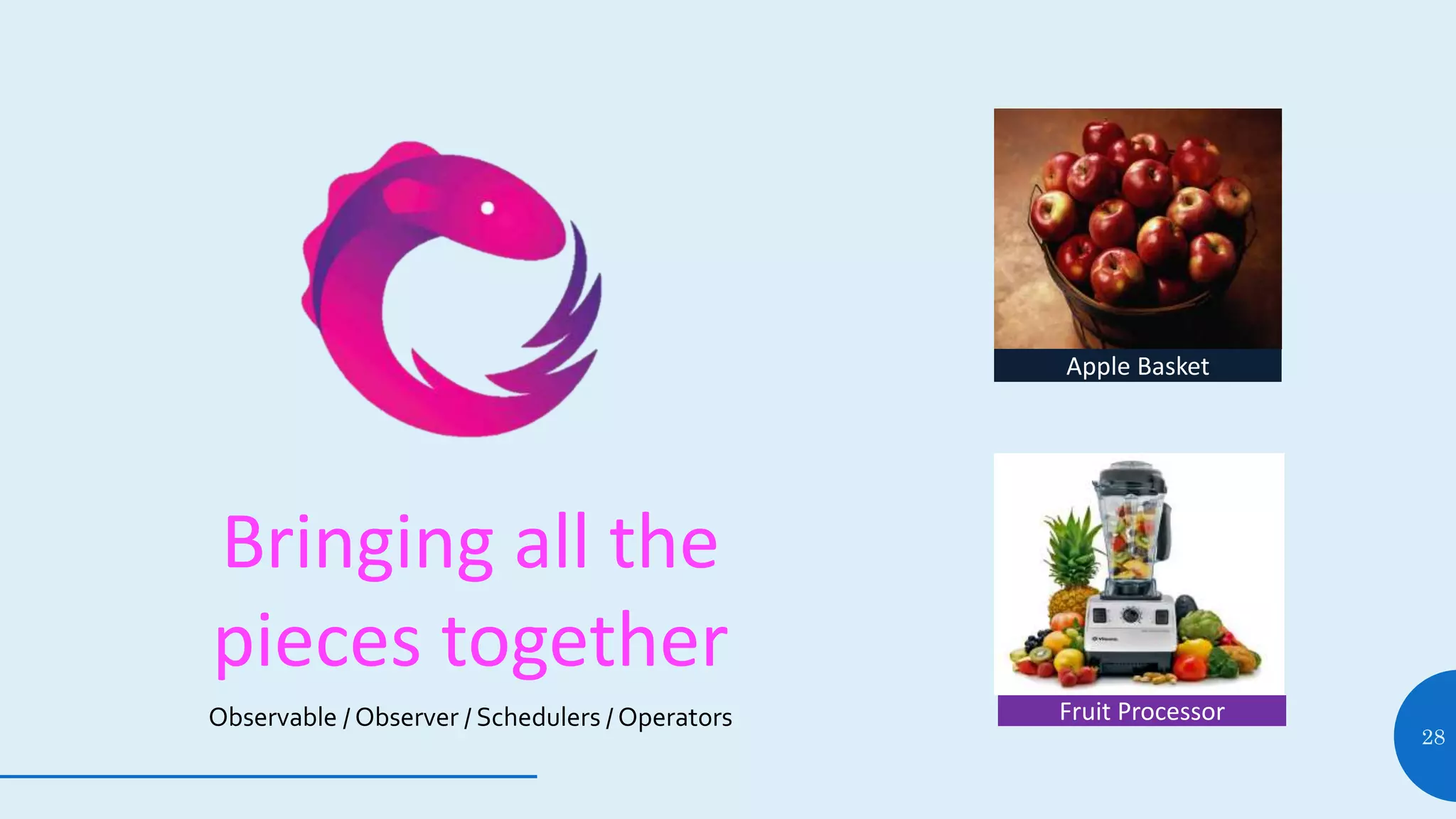 28
Bringing all the
pieces together
Apple Basket
Fruit ProcessorObservable / Observer / Schedulers / Operators
 