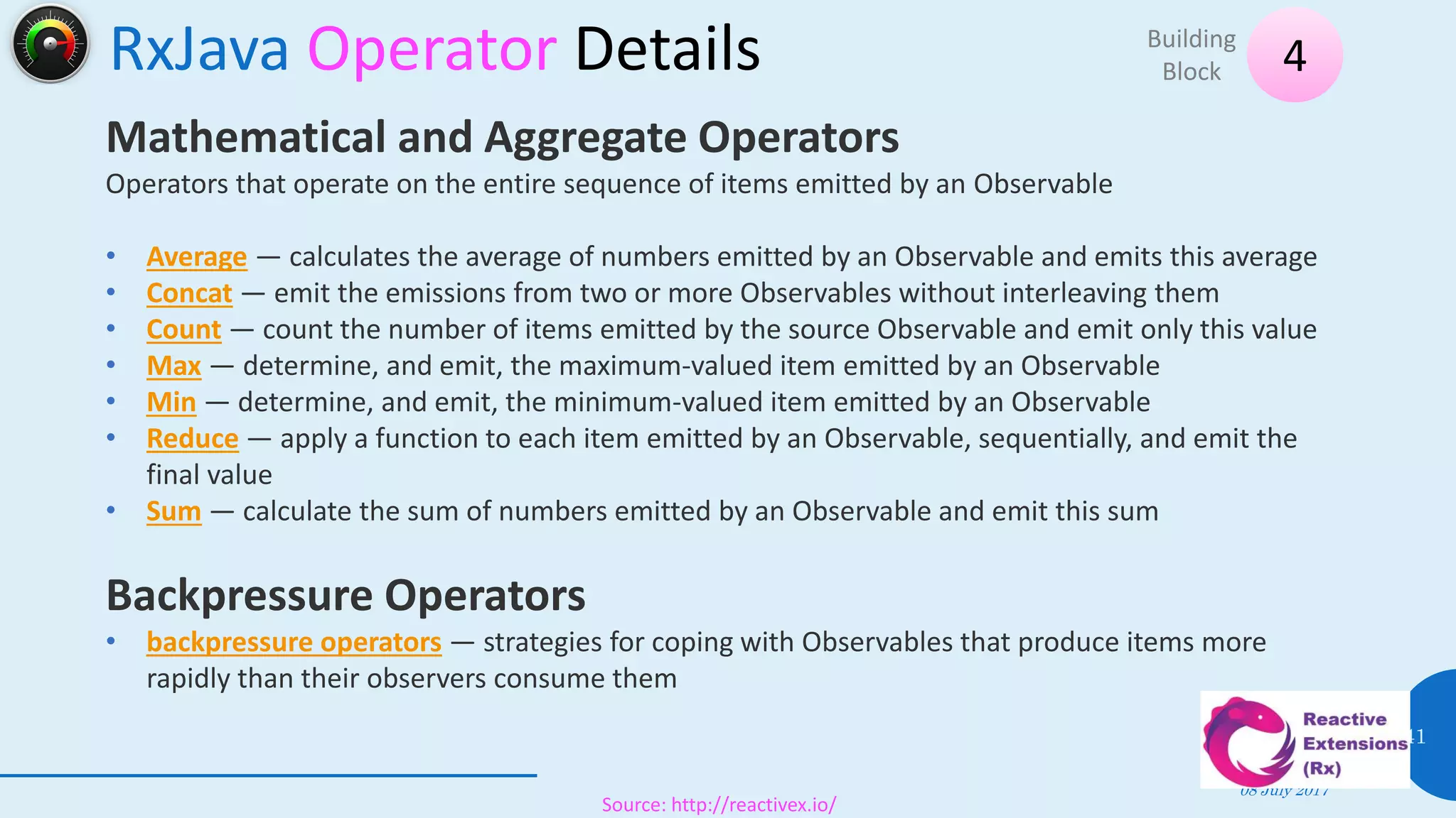 RxJava Operator Details
08 July 2017
41
4Building
Block
Source: http://reactivex.io/
Mathematical and Aggregate Operators
Operators that operate on the entire sequence of items emitted by an Observable
• Average — calculates the average of numbers emitted by an Observable and emits this average
• Concat — emit the emissions from two or more Observables without interleaving them
• Count — count the number of items emitted by the source Observable and emit only this value
• Max — determine, and emit, the maximum-valued item emitted by an Observable
• Min — determine, and emit, the minimum-valued item emitted by an Observable
• Reduce — apply a function to each item emitted by an Observable, sequentially, and emit the
final value
• Sum — calculate the sum of numbers emitted by an Observable and emit this sum
Backpressure Operators
• backpressure operators — strategies for coping with Observables that produce items more
rapidly than their observers consume them
 