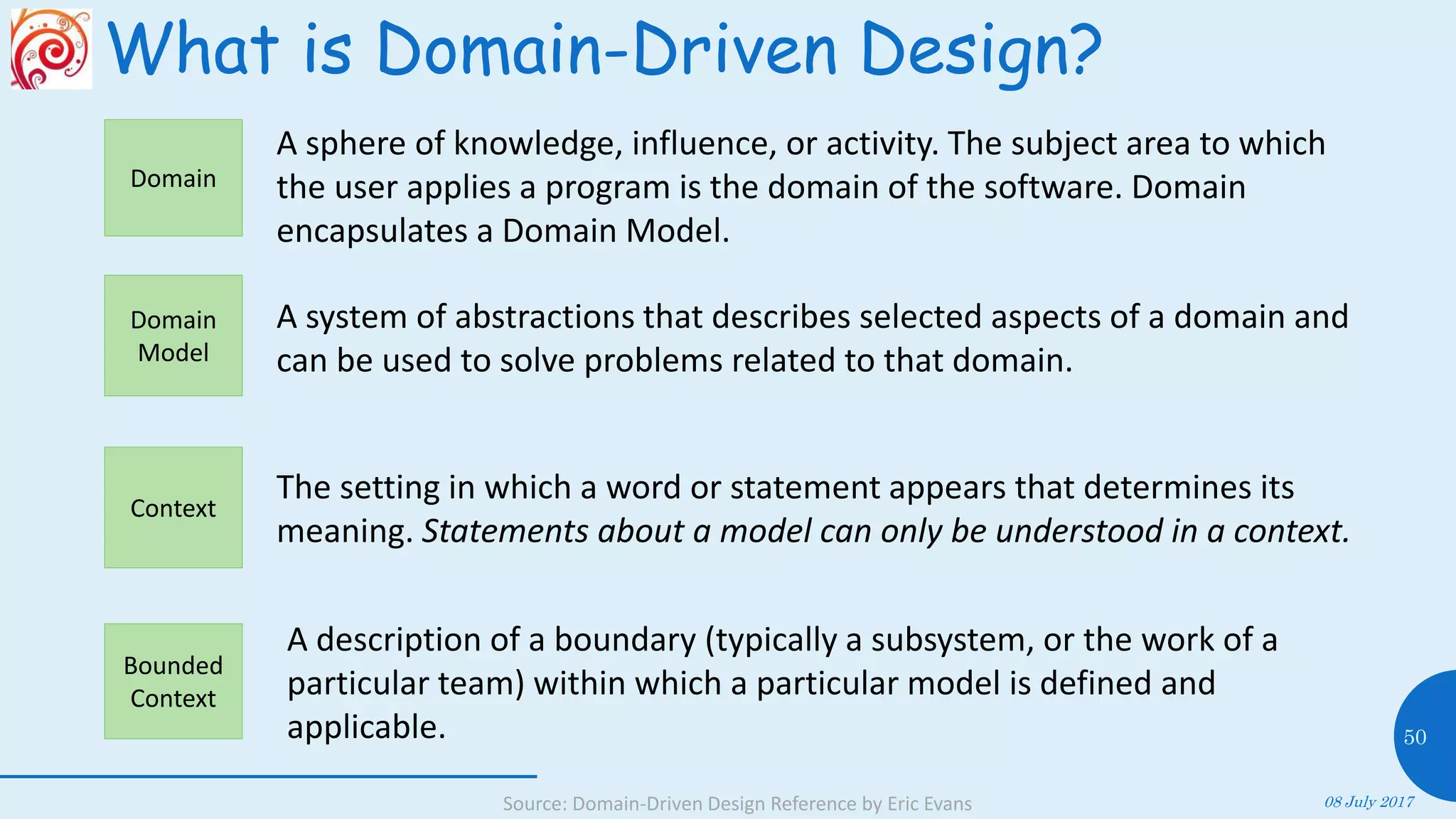 What is Domain-Driven Design?
08 July 2017
50
A sphere of knowledge, influence, or activity. The subject area to which
the user applies a program is the domain of the software. Domain
encapsulates a Domain Model.
A system of abstractions that describes selected aspects of a domain and
can be used to solve problems related to that domain.
The setting in which a word or statement appears that determines its
meaning. Statements about a model can only be understood in a context.
Domain
Domain
Model
Context
Bounded
Context
A description of a boundary (typically a subsystem, or the work of a
particular team) within which a particular model is defined and
applicable.
Source: Domain-Driven Design Reference by Eric Evans
 