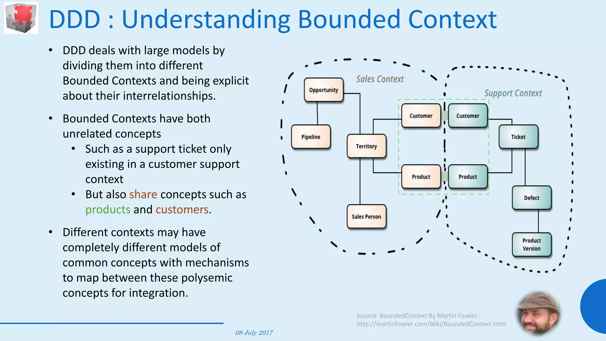 DDD : Understanding Bounded Context
08 July 2017
54
Source: BoundedContext By Martin Fowler :
http://martinfowler.com/bliki/BoundedContext.html
• DDD deals with large models by
dividing them into different
Bounded Contexts and being explicit
about their interrelationships.
• Bounded Contexts have both
unrelated concepts
• Such as a support ticket only
existing in a customer support
context
• But also share concepts such as
products and customers.
• Different contexts may have
completely different models of
common concepts with mechanisms
to map between these polysemic
concepts for integration.
 