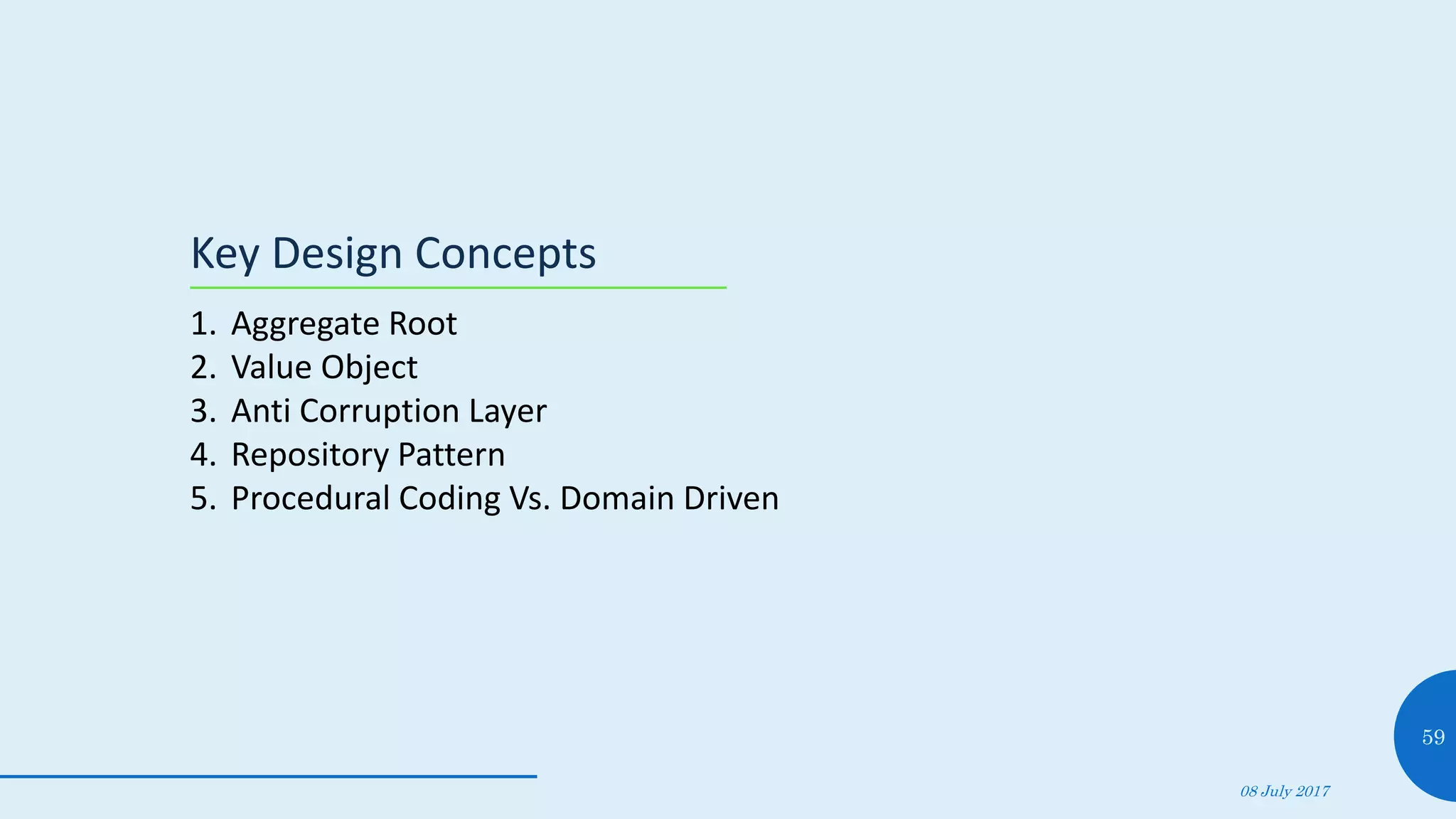 08 July 2017
59
1. Aggregate Root
2. Value Object
3. Anti Corruption Layer
4. Repository Pattern
5. Procedural Coding Vs. Domain Driven
Key Design Concepts
 
