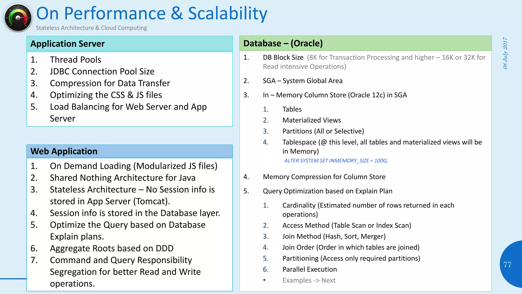 On Performance & Scalability
Stateless Architecture & Cloud Computing
08July2017
77
1. DB Block Size (8K for Transaction Processing and higher – 16K or 32K for
Read intensive Operations)
2. SGA – System Global Area
3. In – Memory Column Store (Oracle 12c) in SGA
1. Tables
2. Materialized Views
3. Partitions (All or Selective)
4. Tablespace (@ this level, all tables and materialized views will be
in Memory)
ALTER SYSTEM SET INMEMORY_SIZE = 100G;
4. Memory Compression for Column Store
5. Query Optimization based on Explain Plan
1. Cardinality (Estimated number of rows returned in each
operations)
2. Access Method (Table Scan or Index Scan)
3. Join Method (Hash, Sort, Merger)
4. Join Order (Order in which tables are joined)
5. Partitioning (Access only required partitions)
6. Parallel Execution
• Examples -> Next
Database – (Oracle)Application Server
1. Thread Pools
2. JDBC Connection Pool Size
3. Compression for Data Transfer
4. Optimizing the CSS & JS files
5. Load Balancing for Web Server and App
Server
Web Application
1. On Demand Loading (Modularized JS files)
2. Shared Nothing Architecture for Java
3. Stateless Architecture – No Session info is
stored in App Server (Tomcat).
4. Session info is stored in the Database layer.
5. Optimize the Query based on Database
Explain plans.
6. Aggregate Roots based on DDD
7. Command and Query Responsibility
Segregation for better Read and Write
operations.
 
