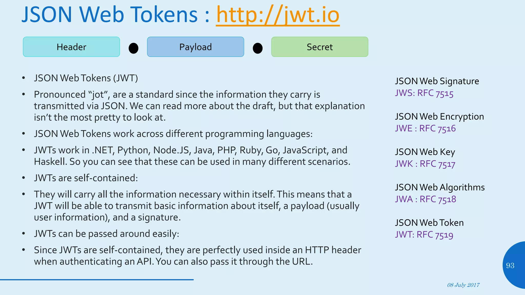 JSON Web Tokens : http://jwt.io
• JSON WebTokens (JWT)
• Pronounced “jot”, are a standard since the information they carry is
transmitted via JSON. We can read more about the draft, but that explanation
isn’t the most pretty to look at.
• JSON WebTokens work across different programming languages:
• JWTs work in .NET, Python, Node.JS, Java, PHP, Ruby,Go, JavaScript, and
Haskell. So you can see that these can be used in many different scenarios.
• JWTs are self-contained:
• They will carry all the information necessary within itself.This means that a
JWT will be able to transmit basic information about itself, a payload (usually
user information), and a signature.
• JWTs can be passed around easily:
• Since JWTs are self-contained, they are perfectly used inside an HTTP header
when authenticating an API.You can also pass it through the URL.
08 July 2017
93
Header Payload Secret
JSONWeb Signature
JWS: RFC 7515
JSONWeb Encryption
JWE : RFC 7516
JSONWeb Key
JWK : RFC 7517
JSONWeb Algorithms
JWA : RFC 7518
JSONWebToken
JWT: RFC 7519
 