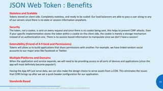 JSON Web Token : Benefits
96
Stateless and Scalable
Tokens stored on client side. Completely stateless, and ready to be sc...