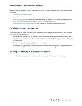 ArchitecturePLAYBOOK Documentation, Release 1.4
business goal and to be used by different stakeholders, all quality documents SHOULD contain some default reusable
text blocks.
• Basic business architecture template
• Stakeholder template
• Business Architecture. EU template/document that describes the product, service strategy, organizational, func-
tional, process, information, and geographic aspects of the business architecture.
• Business Architecture Document Template. Typical Togaf(tm) like business architecture template.
2.4 Using business viewpoints
Viewpoints can provide benefit to address specific concerns for certain stakeholders. Below a list of most used view-
point within a business architecture:
• Motivation view: describes what the business achieves for itself and its stakeholders (direct and indirect value).
• Capability view: describes how the business delivers direct and indirect value in response to the challenges of
the environment.
• Activity view: describes the day-to-day behaviour of the business.
• Responsibility view: captures the relationships between individuals and organizations in terms of responsibilities
and commitments. These relationships and organizational interfaces may be represented as business services.
2.5 Help for creating a business architecture
• Help Guide for creating a business architecture when dealing with SOA/Integration. (CC License)
14 Chapter 2. Business Architecture
 