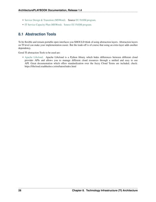 ArchitecturePLAYBOOK Documentation, Release 1.4
• Service Design & Transition (MSWord). Source EU FitSM program.
• IT Service Capacity Plan (MSWord). Source EU FitSM program.
8.1 Abstraction Tools
To be flexible and remain portable open interfaces you SHOULD think of using abstraction layers. Abstraction layers
on TI level can make your implementation easier. But the trade-off is of course that using an extra layer adds another
dependency.
Good TI abstraction Tools to be used are:
• Apache Libcloud. Apache Libcloud is a Python library which hides differences between different cloud
provider APIs and allows you to manage different cloud resources through a unified and easy to use
API. Great documentation which offers standardization over the fuzzy Cloud Terms are included, check:
https://libcloud.readthedocs.io/en/latest/index.html
28 Chapter 8. Technology Infrastructure (TI) Architecture
 
