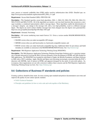 ArchitecturePLAYBOOK Documentation, Release 1.4
store, process or transmit cardholder data (CHD) and/or sensitive authentication data (SAD). Detailed spec on:
https://www.pcisecuritystandards.org/documents/PCI_DSS_v3-1.pdf
Requirement : Secure Hash Standard (SHS)- FIPS PUB 180
Description : This Standard specifies secure hash algorithms, SHA -1, SHA-224, SHA-256, SHA-384, SHA-512,
SHA-512/224 and SHA-512/256. All of the algorithms are iterative, one-way hash functions that can process a mes-
sage to produce a condensed representation called a message digest. These algorithms enable the determination of
a message’s integrity: any change to the message will, with a very high probability, result in a different message
digest. The digests are used to detect whether messages have been changed since the digests were generated.See:
http://csrc.nist.gov/publications/fips/fips180-4/fips-180-4.pdf
Requirement : Semantic Versioning
Description : All version numbering must match Semver 2.0. Given a version number MAJOR.MINOR.PATCH,
increment the:
• MAJOR version when you make incompatible API changes
• MINOR version when you add functionality in a backwards-compatible manner, and
• PATCH version when you make backwards-compatible bug fixes Additional labels for pre-release and build
metadata are available as extensions to the MAJOR.MINOR.PATCH format. See: http://semver.org/
Requirement : Web Hypertext Application Technology Working Group (WHATWG)
Description : The Web Hypertext Application Technology Working Group https://whatwg.org/ is a growing commu-
nity of people interested in evolving the Web. It focuses primarily on the development of HTML and APIs needed for
Web applications. The WHATWG was founded by individuals of Apple, the Mozilla Foundation, and Opera Software
in 2004, after a W3C workshop. Apple, Mozilla and Opera were becoming increasingly concerned about the W3C’s
direction with XHTML, lack of interest in HTML and apparent disregard for the needs of real-world authors. So,
in response, these organisations set out with a mission to address these concerns and the Web Hypertext Application
Technology Working Group was born. See: https://whatwg.org/
9.6 Collections of Business IT standards and policies
Creating a policies should be done smart. So reuse existing open standard and policies documentation saves time and
improves the quality of your context specific standard.
• NASA Technical Standards
• Principles and guidelines for how to write code and work together at Our Machinery
32 Chapter 9. Quality and Risk Management
 