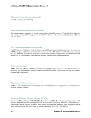 ArchitecturePLAYBOOK Documentation, Release 1.4
IBM Cloud Computing Reference Architecture 2.0
Currently adopted by the Open Group
Interoperability Solutions for EU public administrations
Reference architecture documents for use and reuse developed within EU program. ISA’s collaborative platform to
find, reuse and share a wealth of ready-to-use interoperability solutions for eGovernment and best practices and discuss
with your peers!
ITAG – Information Technology Architecture Group
The MIT Enterprise Architecture Guide (EAG) documents MIT’s architectural principles and goals, the current state
of MIT’s enterprise architecture, and a future state architectural vision. The EAG also includes information regarding
the ITAG architecture review process. Since this document serves to inform developers about available enterprise tools
and services, we expect the EAG will be useful to enterprise system developers across the institute.
ITANA architecture library
ITANA library for architects. ITANA is focused on developing the skills, tools and a suite of resources to assist
institutions with their enterprise, business and technical architectural needs. Very useful collection of documents,
tools and more for architects!
ITSM Reference Architecture Framework
FitSM is a free and lightweight standards family aimed at facilitating service management in IT service provision,
including federated scenarios.
Microservice Architecture Reference Architecture 2017 (RH)
Microservice REF architecture 2017 of RedHat. Tailored for Java/JBOS. But with good general principles. This
reference architecture provides a thorough discussion on microservices, some of the factors that go into determining a
client’s needs, and cost to benefit parameters. After defining several potential modularity levels, this paper focuses on
business-driven microservices and provides an implementation using JBoss EAP 7 (CC-BY-SA)
50 Chapter 10. Architecture References
 