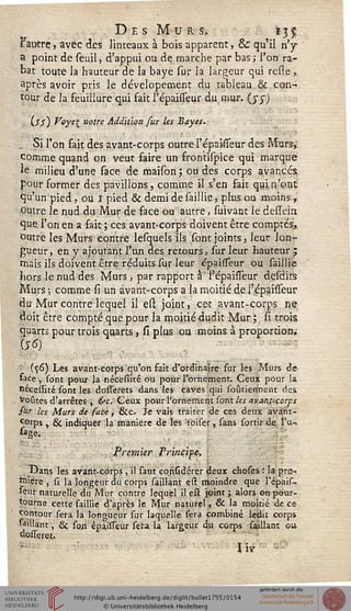 Des Mur s. hj$
Fautre, avec des linteaux à bois apparent, Se qu'il n'y
a point de seuil, d'appui ou de marche par bas; l'on ra-
bat toute la hauteur de la baye sur la largeur qui reste,
après avoir pris le dévelopement du tableau & con-
tour de la feuillure qui fait l'épaifîeur du mur. (jrj)
(.Ss) Voyc^ notre Addition sur Us Bayes.
, Si l'on fait des avant-corps outre FépailTeur des Murs,:
comme quand on veut faire un frontispice qui marque
Je milieu d'une face de maison ; ou des corps avancés
pour former des pavillons, comme il s'en fait qui.n'ont
qu'un'pied, ou i pied & demi de saillie, plus ou moins,
outre le nud du Mur de face ou autre, suivant le dessein
que l'on en a fait ; ces avant-corps doivent être comptés»
outre les Murs contre lesquels ils sont joints, leur lon-
gueur, en y ajoutant l'un des retours, sur leur hauteur ;
mais ils doivent être réduits sur leur epaisseur ou saillie
hors le nud des Murs, par rapport à l'épaiiïeur desdits
Murs ; comme si un àvant-corps a la moitié de répaisfeur
du Mur contre lequel il est joint, cet avant-corps ne
doit être compté que pour la moitié dudit Mur ; si trois
quarts pour trois quarts, si plus ou moins à proportion.
M)
■ (^6) Les avant-corps qu'on fait d'ordinaire sur les Murs de
face , sont pour la nécemté ou pour l'ornement. Ceux pour la
necessité sont les dosserets dans les caves qui soûtierfnent des
Voûtes d'arrêtés , &c. Ceux pour l'ornement sont tes avant-corps
far les Murs de sace, &c. Je vais traiter de ces deux avant-
corps , & indiquer la manière de les toiser, sans sortir de Tu-,
sage.
Premier Principe.
Dans les. avant-corps, il faut corisidérer deux choses : la pro
m''ere , si la longeur du corps saillant est moindre que répais-
seur naturelle du Mur contre lequel il est joint ; alors on pour-
tourne cette saillie d'après le Mur naturel, & la moitié de ce
contour sera la longueur sur laquelle sera combiné ledit corps
^'Hant, & soji épalssew sera la largeur du corps saillant ou,
wosseret.
Uv
 
