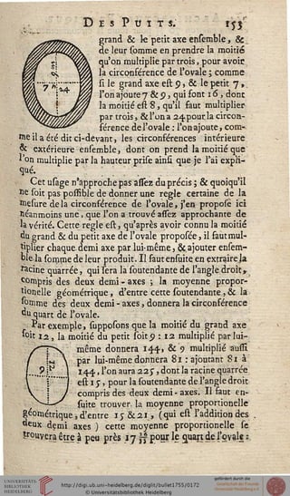 Des Puits. *n
grand & le petit axe ensemble, Se
de leur somme en prendre la moitié
q,u'on multiplie par trois, pour avoir
la circonférence de l'ovale ; comme
si le grand axe est Q, & le petit 7 >.
l'on ajoute 7 & o, qui font 16, donc
la moitié est 8, qu'il faut multiplier
par trois , & l'on a 24 pour la circon-
férence de l'ovale : l'on ajoute, corn-
ue il a été dit ci-devant, les circonférences intérieure
& extérieure ensemble, dont on prend la moitié que
*'on multiplie par la hauteur prise ainsi que je l'ai expli-
qué.
Cet usage n'approche pas assez du précis ; & quoiqu'il
fie soit pas possible de donner une règle certaine de la
stesure de la circonférence de l'ovale, j'en proposè ici
néanmoins une, que l'on a trouvé assez approchante de
la vérité. Cette règle est, qu'après avoir connu la moitié
du grand & du petit axe de l'ovale proposée, il fautmul-
tiplier chaque demi axe par lui-même, &.ajouter ensem-
ble la somme de leur produit. Il faut ensuite en extraireja
racine quarrée, quiTera la soutendante de l'angle droit,
Compris des deux demi - axes ; la moyenne propor-
tioneîle géométrique, d'entre cette soutendante, & la
'omrne des deux demi - axes, donnera la circonsérence
du quart de l'ovale.
Par exemple, supposons que la moitié du grand axe
soit 12, la moitié du petit soit 5) : 12 multiplié par lui-
même donnera 144, & 9 multiplié ausii
par lui-même donnera 81 : ajoutant Si à
144, l'on aura 22$, dont la racine quarrée
est 1 j, pour la soutendante de l'angle droit
compris des deux demi- axes. Il saut en-
suite trouver, la moyenne proportioneîle
géométrique, d'entre 15-&21, (qui est l'addition des
deux demi axes ) cette moyenne proportioneîle se
trouvera être à peu près 17 sf pour le quart de i'pvale :
 
